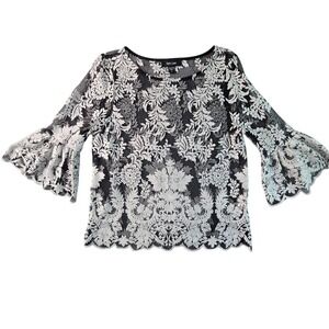 Karen Kane Lace Blouse‎ Women Small Black White Floral Bell Sleeve Romantic Boho